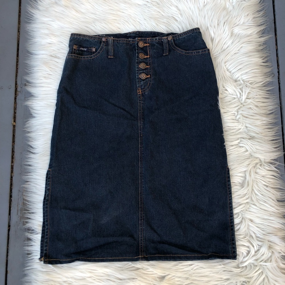 Vintage Squeeze Button Front Knee Length Dark Blue Denim Skirt size 3/4